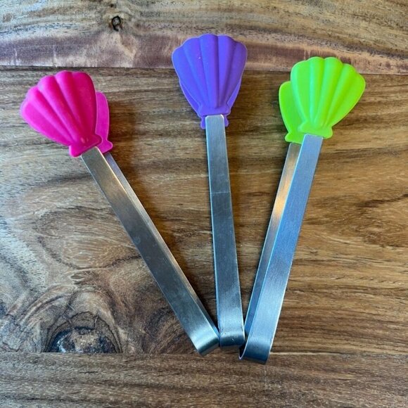 Stainless Steel & Silicone Tongs With Colorful Shell And Flower Designs Set Of 6 - Picture 4 of 8